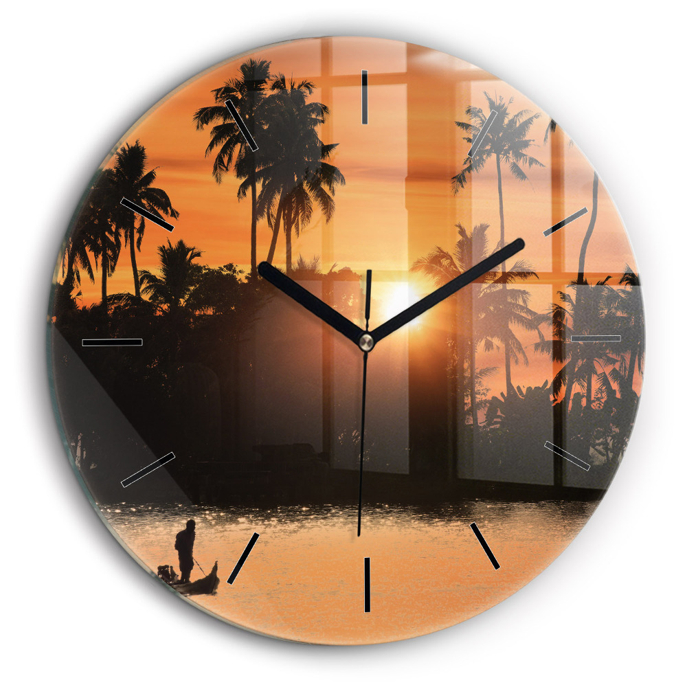 Horloge ronde en verre 60 cm Coucher de soleil et palmiers