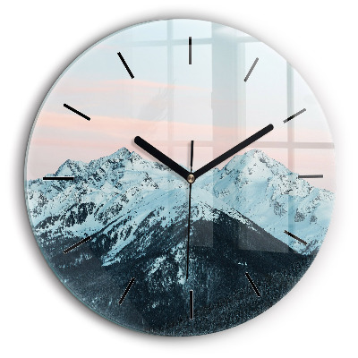 Horloge ronde en verre 60 cm Chaîne de montagnes en hiver