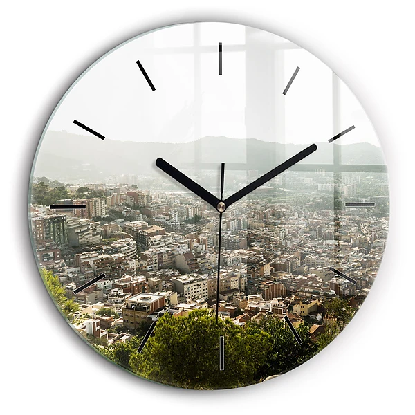 Horloge ronde en verre 60 cm Vue de Montjuic à Barcelone